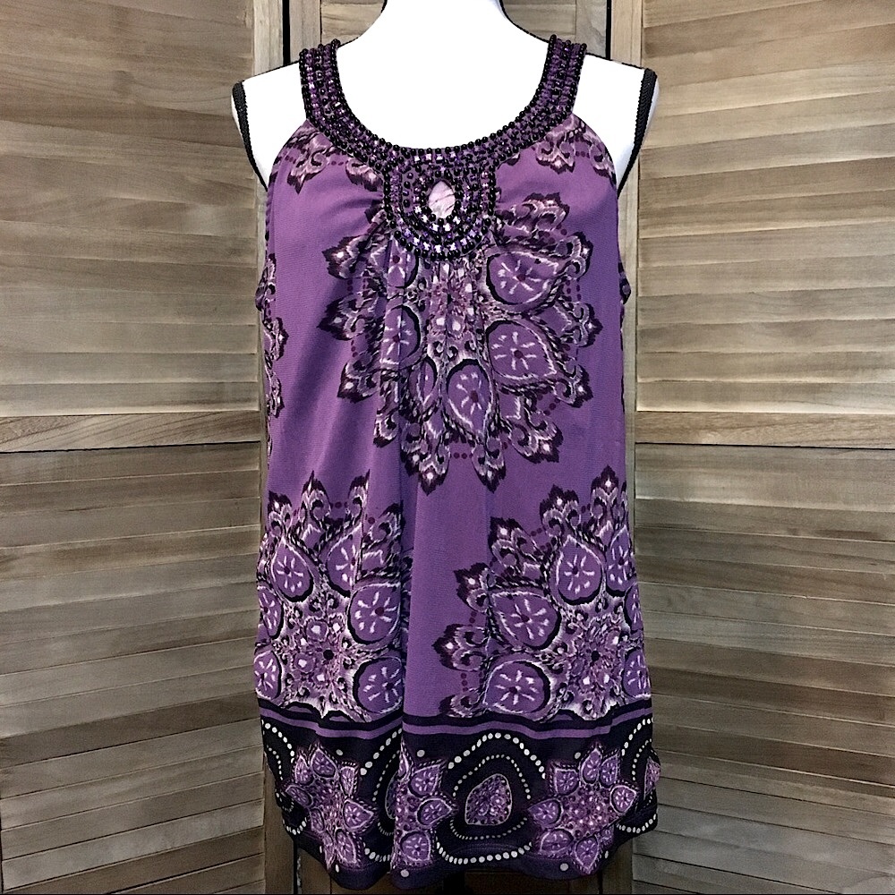 INC International Concepts Purple Tank Top with Ikat Print, Large